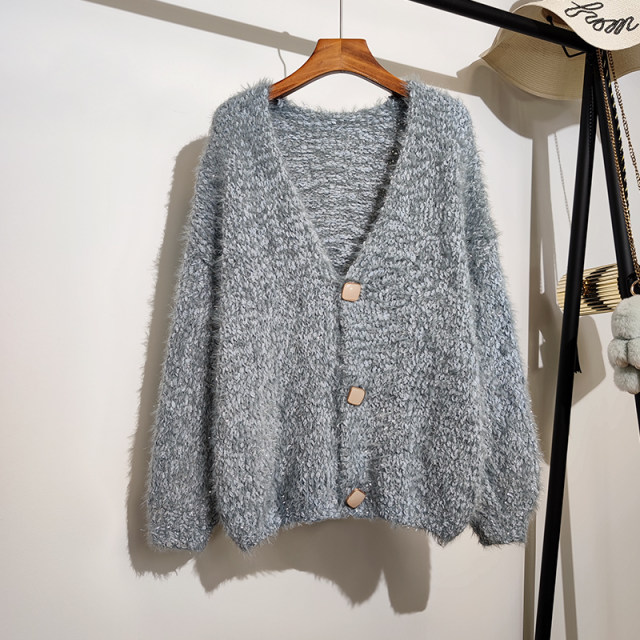 Sweater cardigan ຂອງແມ່ຍິງດູໃບໄມ້ລົ່ນແລະລະດູຫນາວໃຫມ່ສະບັບພາສາເກົາຫຼີວ່າງ lazy ລົມສົດໃສ furry ເສື້ອ sweater stylish ຫນາຫນາ