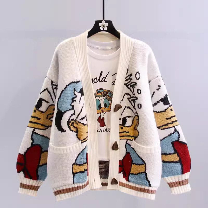 2026 Spring and Autumn New Loose Casual Cartoon V-Neck Sweater Jacket for Men, Versatile Knitted Cardigan Trend