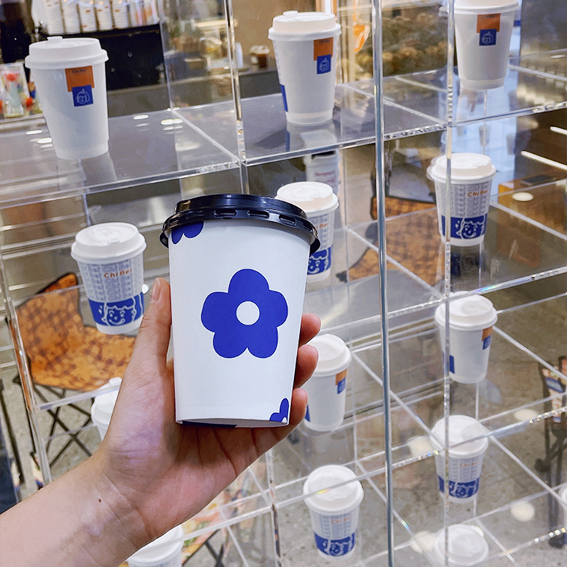 Internet celebrity Klein blue coffee cup disposable with lid thickened 400ml milk tea paper cup hot drink packaging cup customization