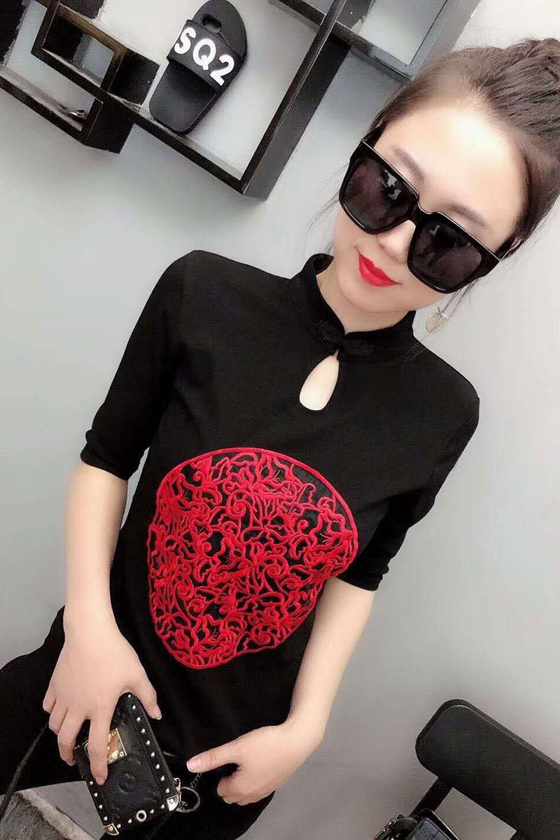 2019 mới áo thun ngắn tay nữ retro phong cách Trung Quốc nửa cổ áo thêu đáy áo sơ mi nữ áo sơ mi nửa tay - Áo phông áo thun có cổ nữ