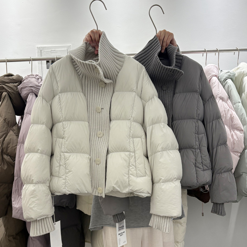 Women's down Jacket 2025 Winter New Short Style Petite Puffer Jacket Stylish Knitted Patchwork Korean Style Loose Coat