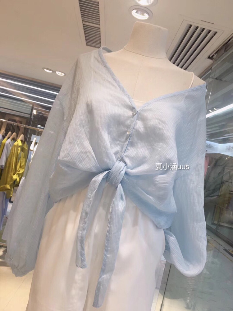 Quảng Châu uus phụ nữ vải lanh bầu trời lụa tơ tằm YL áo dài tay áo sơ mi mỏng 2019 đi biển mùa hè - Áo sơ mi áo sơ mi nữ form rộng dáng dài