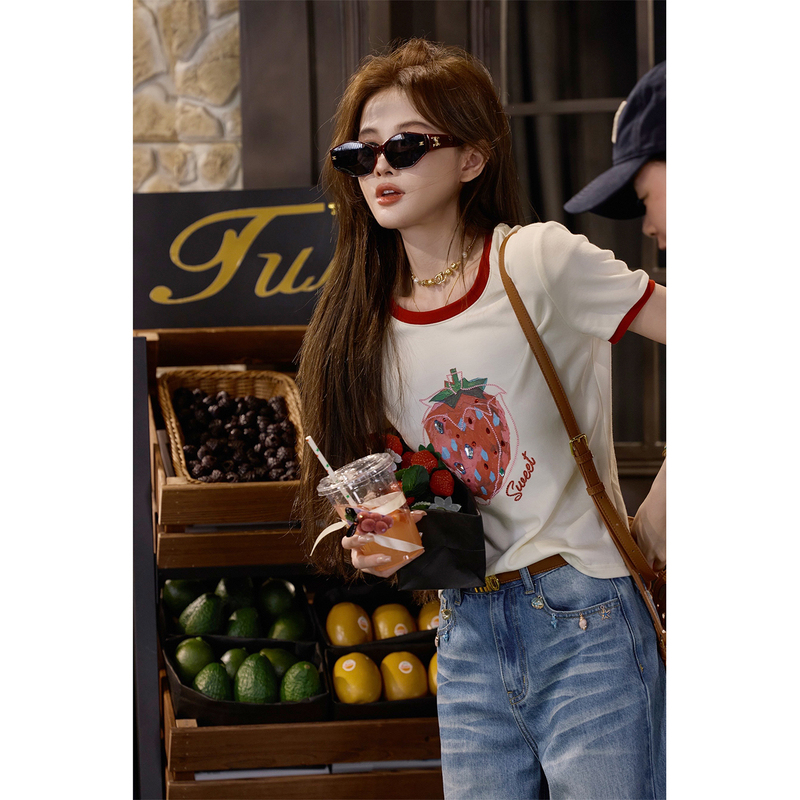 Tuntun Spring/Summer [Berry Trouble] Snow Pear Smoothie Dopamine Fruit Print Rhinestone Short Sleeve T-Shirt