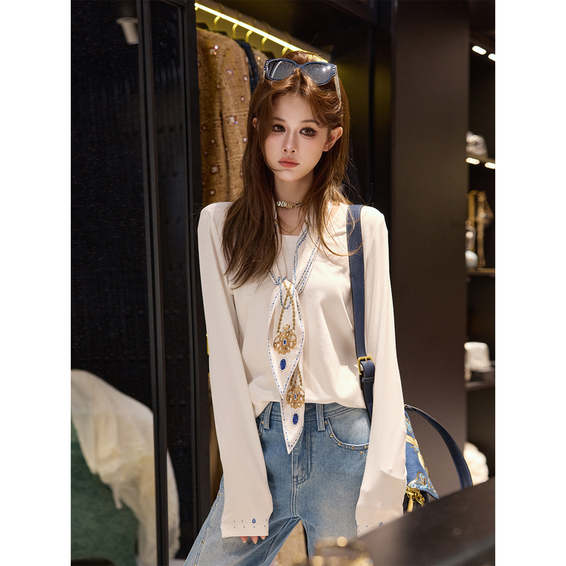 Tuntun Early Autumn [Prelude to Autumn] Exquisite Detachable Scarf with Rhinestones, Long-Sleeved Modal Cotton T-Shirt