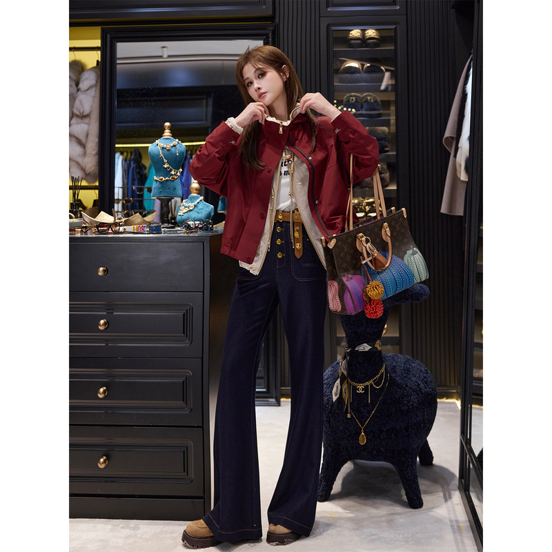 Tuntun Autumn/Winter 【Cloud Water Curves】 Leg-Shaping, Retro Color-Blocking, Pressed Line, Studded Micro-Flared Jeans