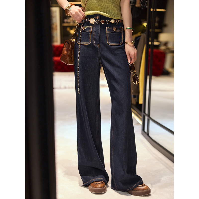 Tuntun Early Autumn [Denim Newcomer] Relaxed Commuting Slimming Straight-Leg Jeans with Gold Edge Pockets and Draped Effect