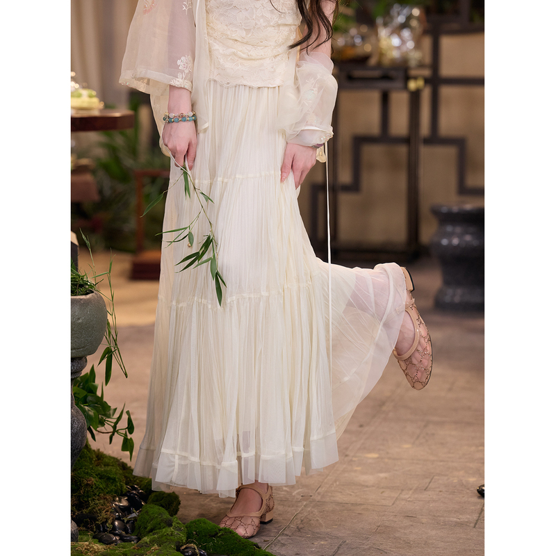 Tunt Spring/Summer [Dreamy Long Skirt] Flowing and Ethereal Style, Hazy Shimmering Glossy Soft Gauze Skirt