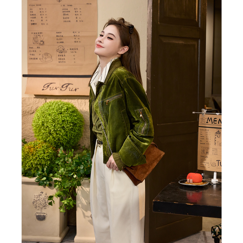 Tuntun Autumn/Winter [Moss Velvet] Velvet Texture High-End Heavy Craftsmanship Dark Green Exquisite Zipper Jacket Coat