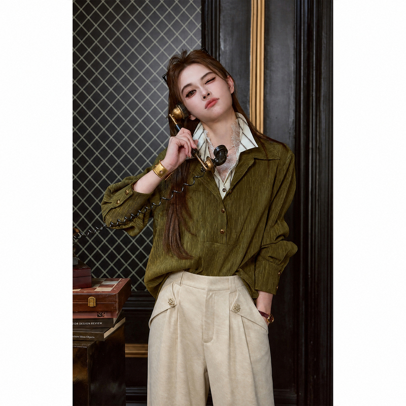 Tuntun Spring and Autumn [Eldest Daughter Shirt] High-End New Noble Three-In-One Design Lace Tencel Shirt