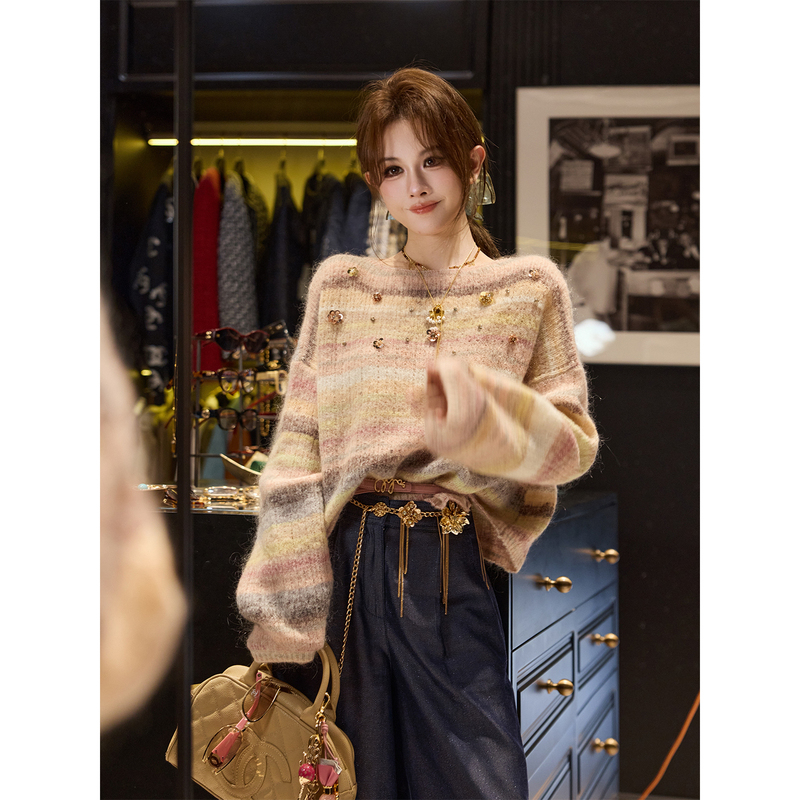 Tuntun Early Autumn [Rainbow Mist] Soft and Youthful Lazy Sunset Gradient Striped Wool Blend Sweater