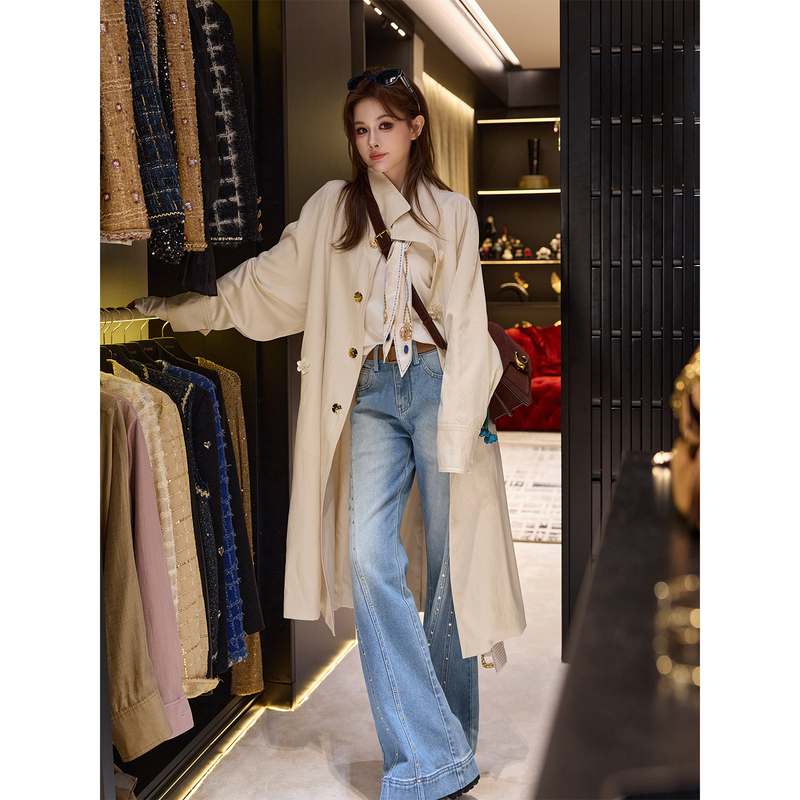 Tuntun Early Autumn【Autumn Flowers】High-End Lapel Beaded Embroidery Three-Dimensional Flower Button Mid-Length Trench Coat Tuntun Early Autumn【Autumn Flowers】High-End Lapel Beaded Embroidery Three-Dimensional Flower Button Mid-Length Trench Coat