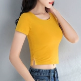Короткая футболка с коротким рукавом, универсальный ростомер для пупка, круглый воротник, облегающий крой, высокая талия, в западном стиле, в корейском стиле, в обтяжку