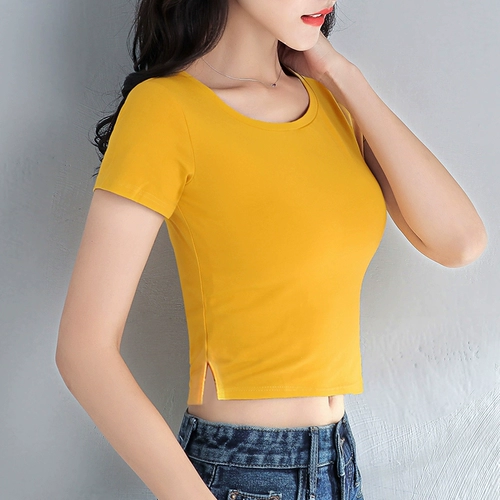 Короткая футболка с коротким рукавом, универсальный ростомер для пупка, круглый воротник, облегающий крой, высокая талия, в западном стиле, в корейском стиле, в обтяжку
