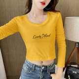 Черный приятный телу осенний короткий хлопковый лонгслив, круглый воротник, 2022, в западном стиле