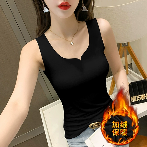 Черная флисовая демисезонная приятная телу бархатная удерживающая тепло майка топ, облегающий крой, в западном стиле