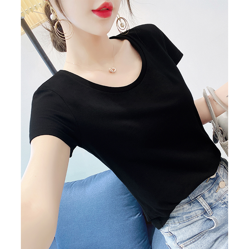 Black Short-Sleeved T-Shirt for Women, Round Neck, Slim Fit, Cotton, 2026 New Spring and Summer Versatile Top, Regular Shoulder, Tight-Fitting Shirt