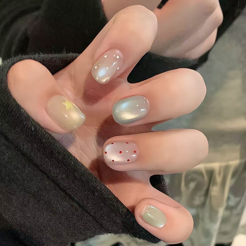 【Lemon Star】Handmade Wearable Nails Dopamine Glass Beads Cat Eye Polka Dot Cute ins Gentle Nail Stickers
