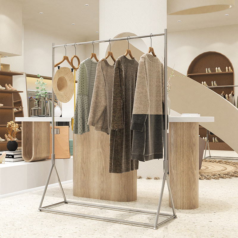 Simple floor rack stainless steel silver brushed side hanging display rack clothing store women's clothing display rack thickened shelf