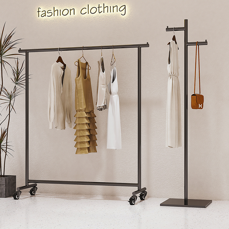 Black Clothing Store Display Rack, Floor-Standing Clothes Rack, Island Clothing Rack, Stainless Steel Rack for Men's and Women's Clothing Stores