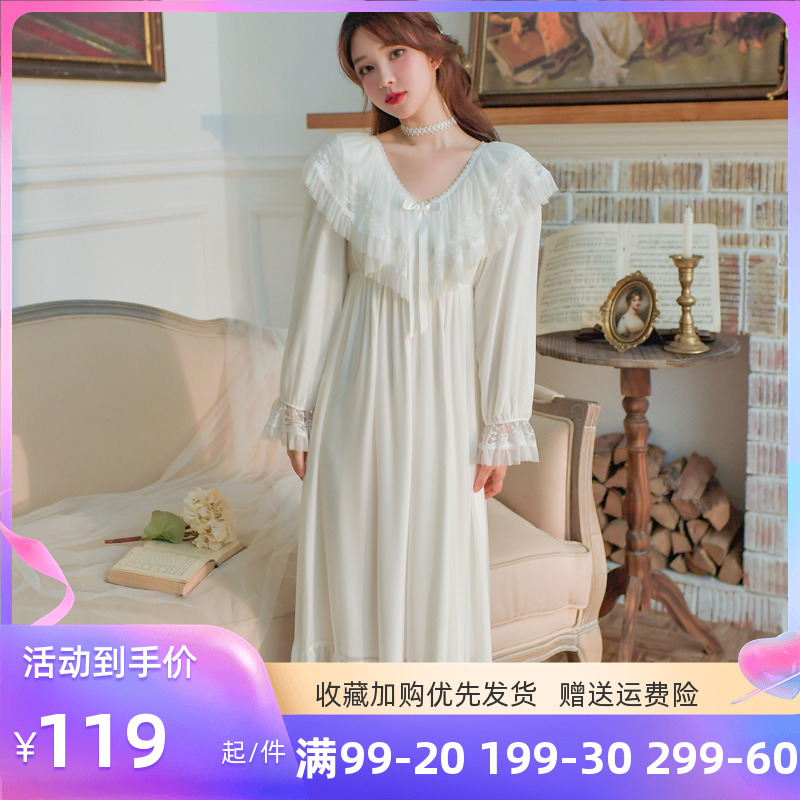 Spring-autumn-style pyjamas girl with chest cushion reworked lotus leaf side sleeping dress sweet and beautiful palace windy lace home for long version