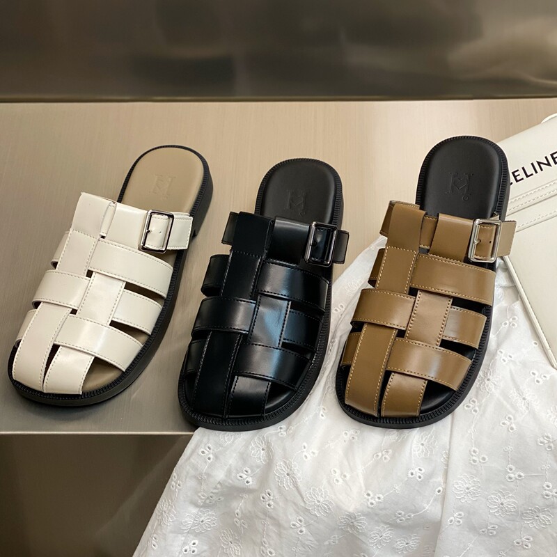 Genuine Leather Woven Toe-Cap Half Slippers for Women, Suitable for Outdoor Wear, 2024 Summer New Korean Style Versatile Hollow-Out Retro Mule Sandals