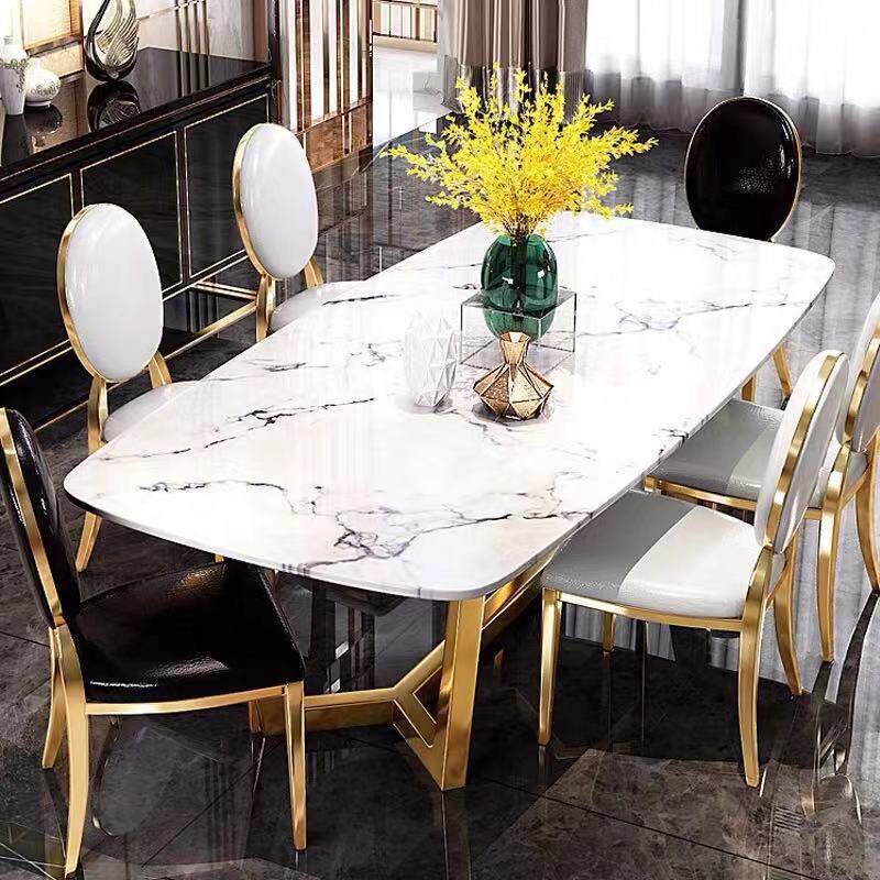 Nordic marble dining table and chairs combined small family rear modern light lavish home stainless steel rice table rectangular composition