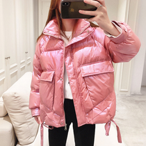 Down cotton shiny cotton coat women 2020 winter fashion stand collar thick short drawstring big pocket cotton coat coat women