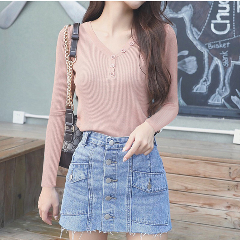 V collar with long sleeves Knitted Sweatshirt Woman 2022 Spring dress New body Tight Sweater Buttons and Jersey Undershirt Woman