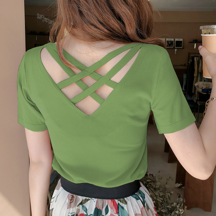 Knitted Smear Tea Green T-shirt Woman 2022 Summer New Cross V Collar Blouse Short Loose Ice Silk Undershirt Thin