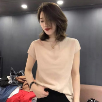 2021 summer Korean ice silk knit shirt Womens thin short sleeve simple semi-high neck loose base top