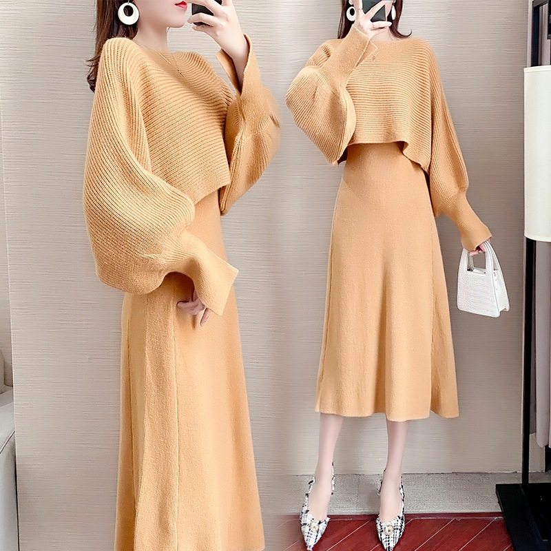 Western style knitted skirt two-piece set new 2022 autumn and winter dress bottoming sweater skirt shawl suit women