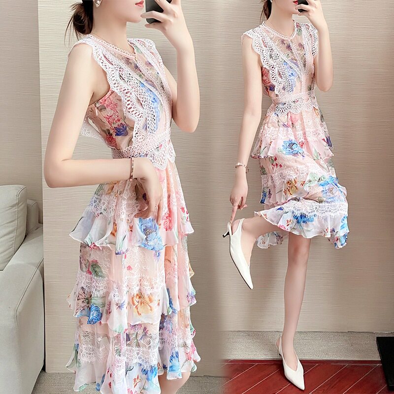 Medium and long version dress 2021 new temperament chiffon floral skirt waist thin lace skirt women's summer