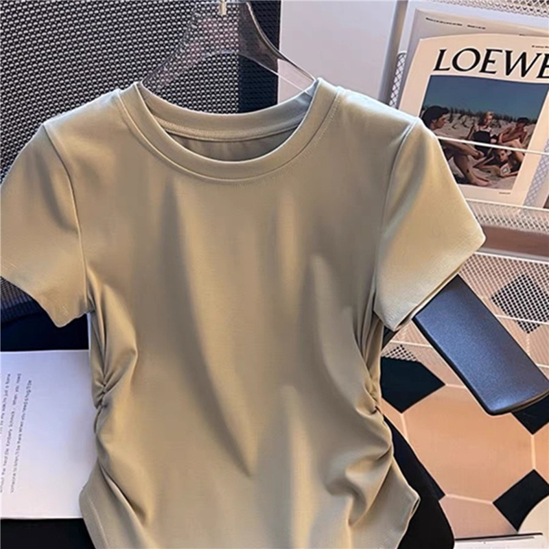 Short-Sleeved T-Shirt 2024 Women's Summer Style with a Unique Design, Pleated Waist-Cinching Top with Irregular Curved Hem
