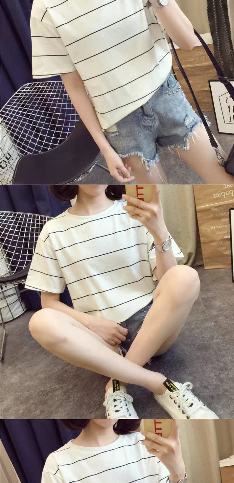 Mùa hè 2018 mới retro bến cảng gió rộng sọc ngắn tay áo thun nữ BF gió buông lỏng nửa áo sinh viên Hàn Quốc áo form rộng nữ