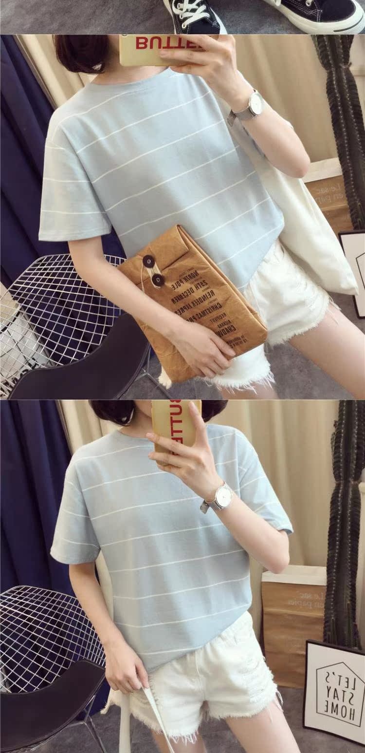 Mùa hè 2018 mới retro bến cảng gió rộng sọc ngắn tay áo thun nữ BF gió buông lỏng nửa áo sinh viên Hàn Quốc áo form rộng nữ