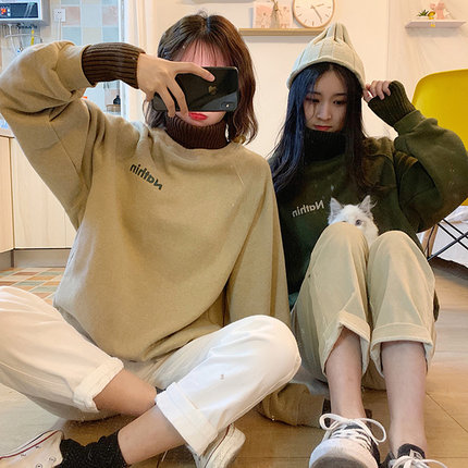 加绒卫衣2018新款女长袖冬高领无帽宽松cec外