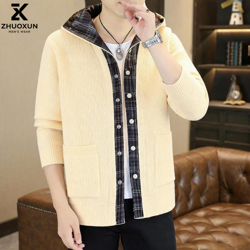 Men's Hooded Cardigan Sweater Autumn and Winter New Style Plaid Patchwork Youth Casual Fashion Knitted Jacket Trendy Men's Hooded Cardigan Sweater Autumn and Winter New Style Plaid Patchwork Youth Casual Fashion Knitted Jacket Trendy