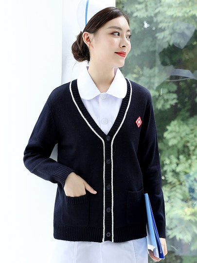 Krankenschwesterpullover Damenpullover Krankenschwesteruniform Strickjacke für medizinisches Personal Samtverdickter Mantel Oberbekleidung Marineblau Krankenhaus