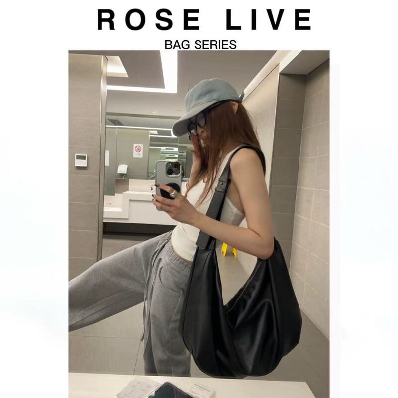 Rose Live2026 New Summer Style Versatile Large-Capacity Single-Shoulder Cross-Body Wide Shoulder Strap Soft Leather Commuter Dumpling Bag
