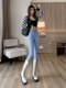 Light-colored high-waisted jeans for women, spring and autumn 2025 new elastic tight-fitting black velvet petite pants