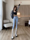 Light-colored high-waisted jeans for women, spring and autumn 2025 new elastic tight-fitting black velvet petite pants