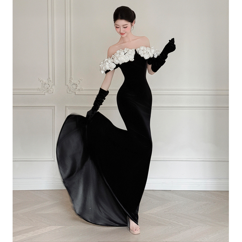 Black Evening Dress for Women 2026 New Style High-End One-Shoulder Banquet Host Mermaid Dress Light Luxury Niche High-End