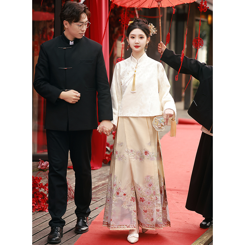 New Chinese Style Mamian Skirt Engagement Dress Champagne Color Wedding Day Bride Casual Wear Women's Hanfu Suit Long Sleeve Retro New Chinese Style Mamian Skirt Engagement Dress Champagne Color Wedding Day Bride Casual Wear Women's Hanfu Suit Long Sleeve Retro