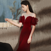 Toast to the bride 2022 new spring Summer noble temperament red long silk suede wedding banquet evening dress lady