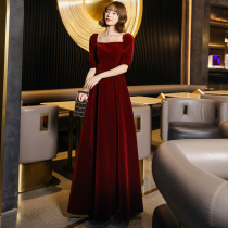 Toasting Bride 2020 New Autumn and Winter Long Sleeve Wine Red Velvet Long Temperament Banquet Evening Dress Women