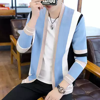 2021 new spring and autumn men's windbreaker Korean trend knitted cardigan coat men's striped thin cloak