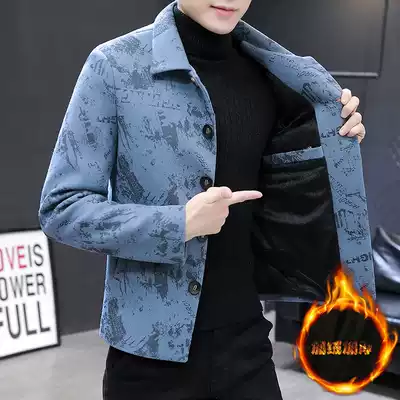 Autumn and winter woolen coat men's short thick Korean trend plus velvet jacket men's slim body warm woolen cloth windbreaker