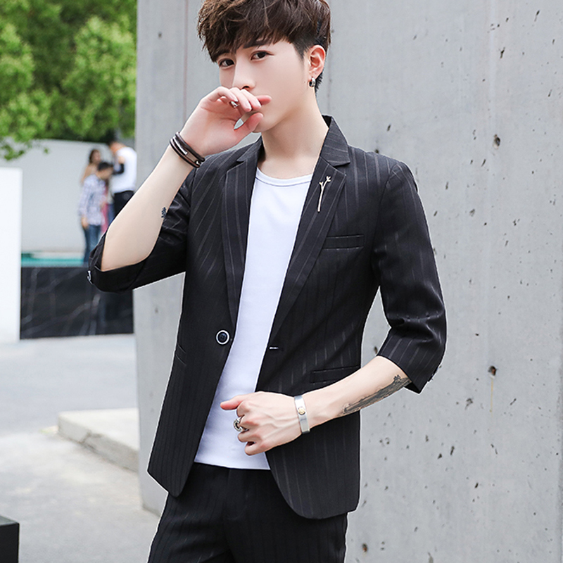 Shuai nhỏ phù hợp với nam giới mùa hè váy Hàn Quốc phiên bản đẹp trai ngắn tay phù hợp với phù hợp với nam gió Anh bảy điểm bột sọc áo khoác