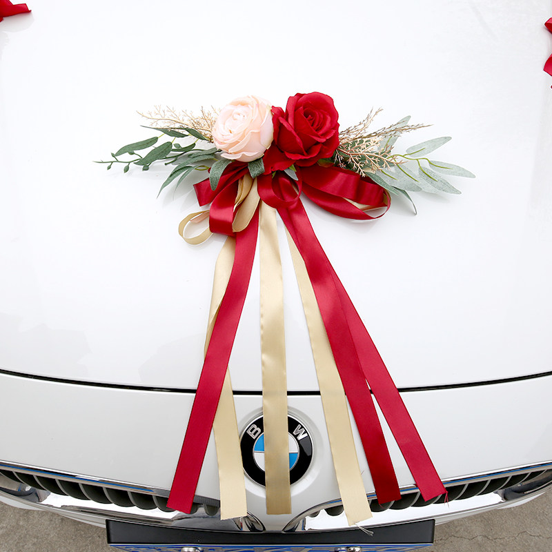 Simulation flower red sub-car wedding car decoration flower door handle rear view mirror flower team decoration suction cup pull flower