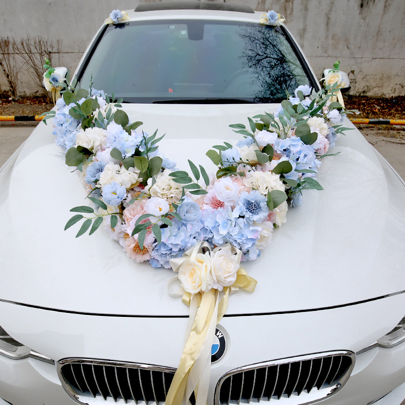 Blue wedding car decoration main car head flower simulation pull flower full set layout advanced 2022 new set suction cup